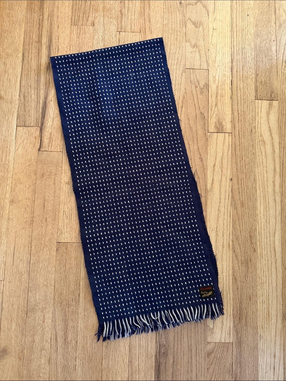 Men's Navy Wool Woven Fringe Scarf Classic Pattern